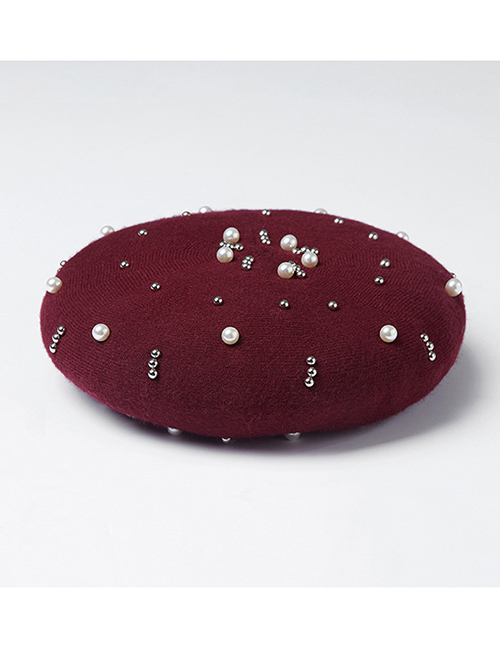 Fashion Claret Red Bead&pearl Decorated Berets