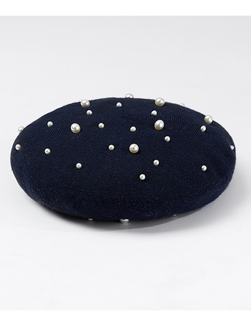 Fashion Navy Pearl Decorated Pure Color Berets