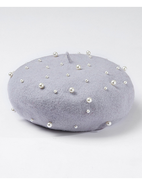 Fashion Light Gray Pearl Decorated Pure Color Berets