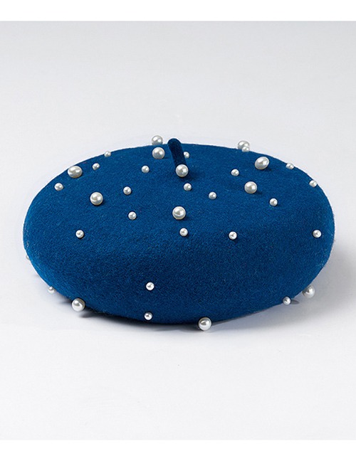 Fashion Sapphire Blue Pearl Decorated Pure Color Berets