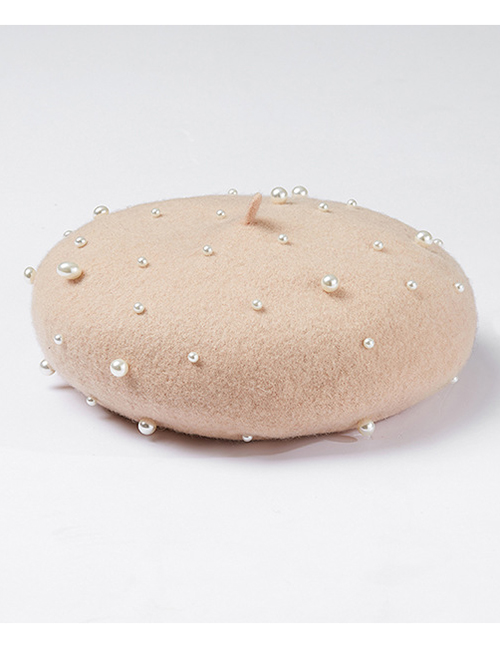 Fashion Beige Pearl Decorated Pure Color Berets