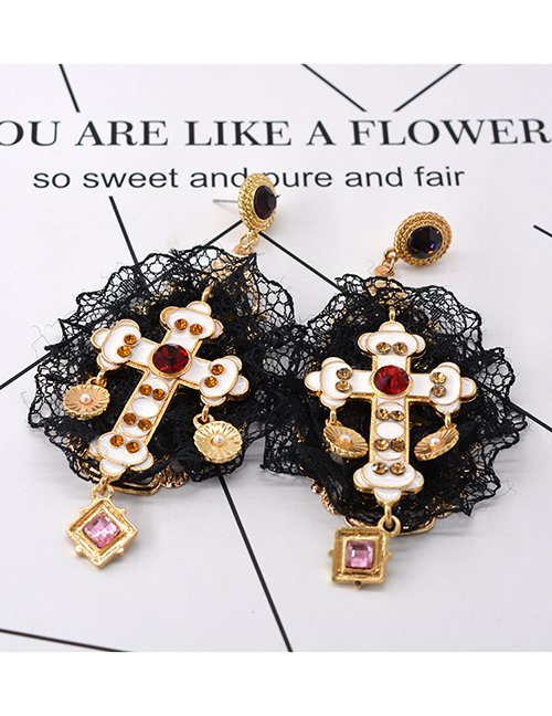 Fashion Black+gold Color Cross Shape Decorated Earrings