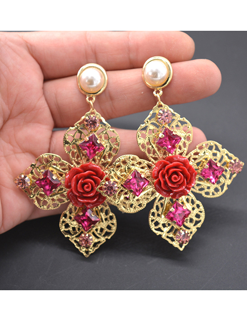 Fashion Plum Red+gold Color Flower Shape Decorated Earrings