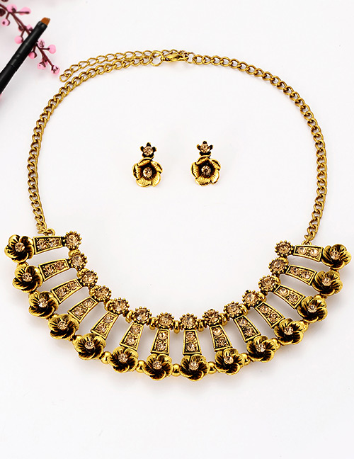 Fashion Champagne Full Diamond Design Hollow Out Jewelry Sets