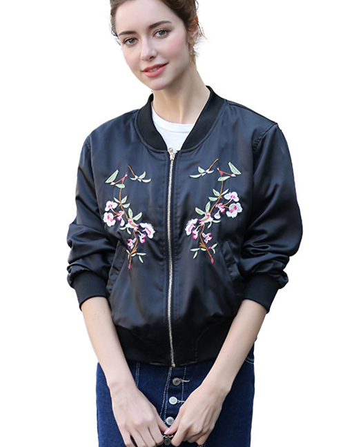 Fashion Navy Embroidered Flower Decorated Baseball Coat
