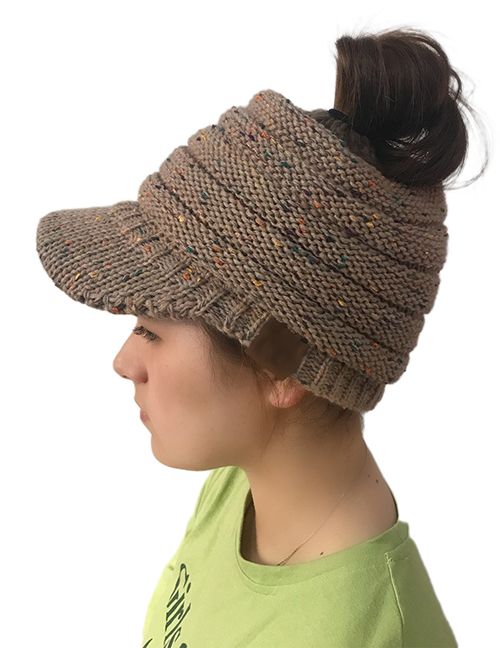 Fashion Khaki Label Decorated Hollow Out Knitted Hat