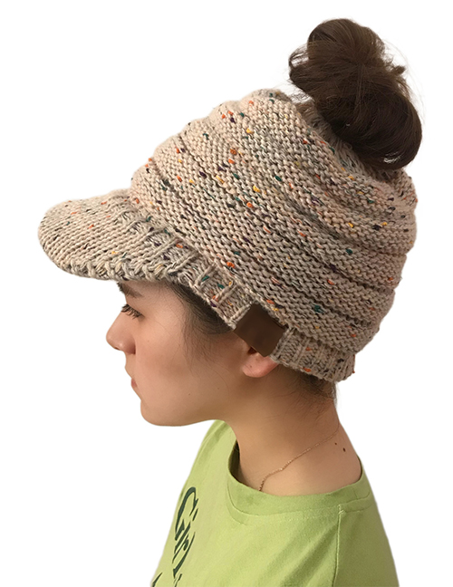 Fashion Beige Label Decorated Hollow Out Knitted Hat
