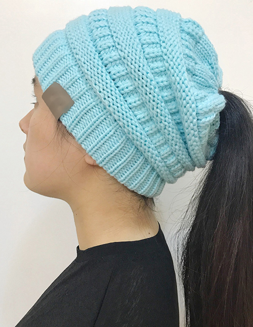 Fashion Light Blue Label Decoratedpure Color Knitted Hat