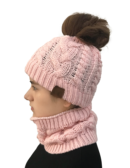 Fashion Pink Hollow Out Design Knitted Hat&scarf
