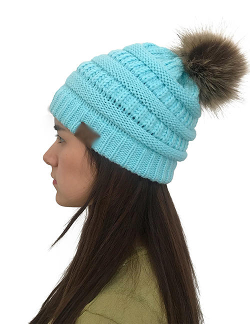Fashion Blue Label&fuzzy Ball Decorated Knitted Hat