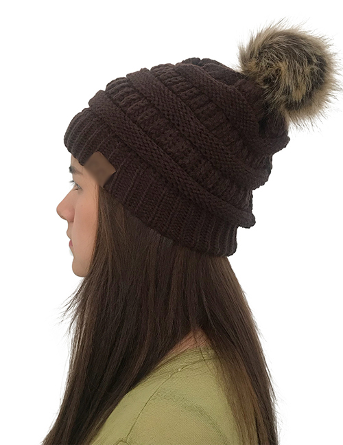 Fashion Coffee Label&fuzzy Ball Decorated Knitted Hat