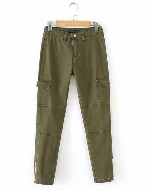 Fashion Olive Zipper Decorated Pure Color Pants