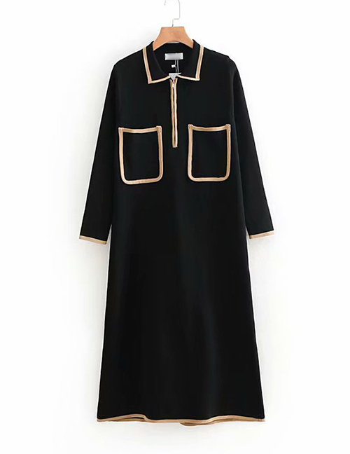 Fashion Gold Color+black Color Matching Design Long Dress