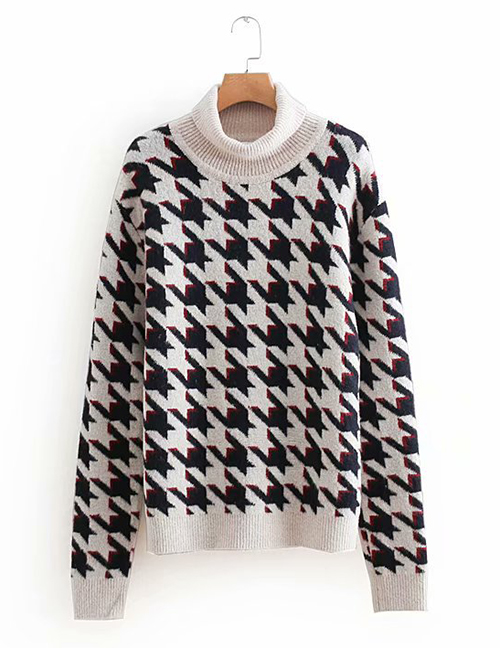 Fashion Black+white Grid Pattern Design High Neckline Sweater