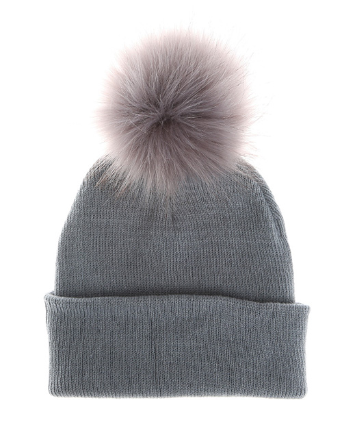 Fashion Gray Pom Ball Decorated Pure Color Hat