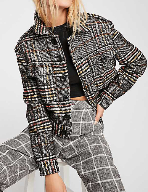 Fashion Gray+black Grid Pattern Decorated Casual Jacket
