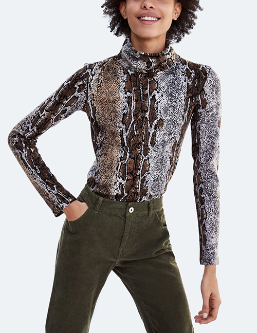 Fashion Brown+gray Snake Pattern Decorated Simple Shirt