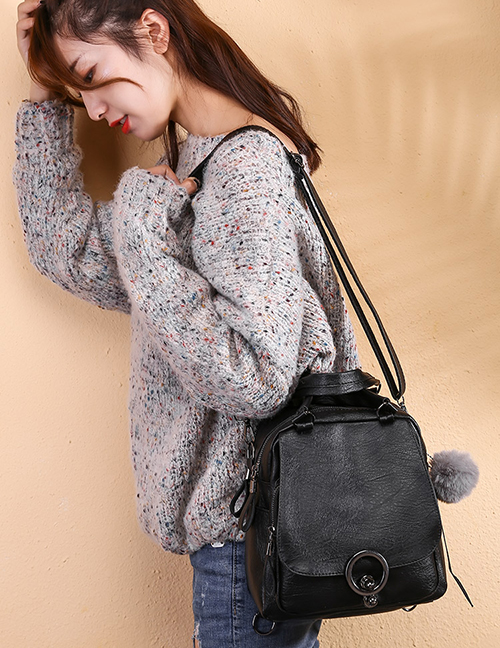 Fashion Black Fuzzy Ball Pendant Decorated Leisure Backpack