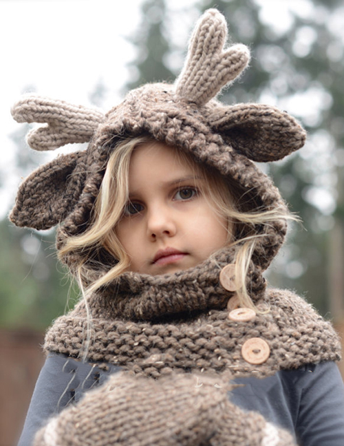 Lovely Dark Coffee Elk Horns Shape Design Child Knitted Hat(2pcs)