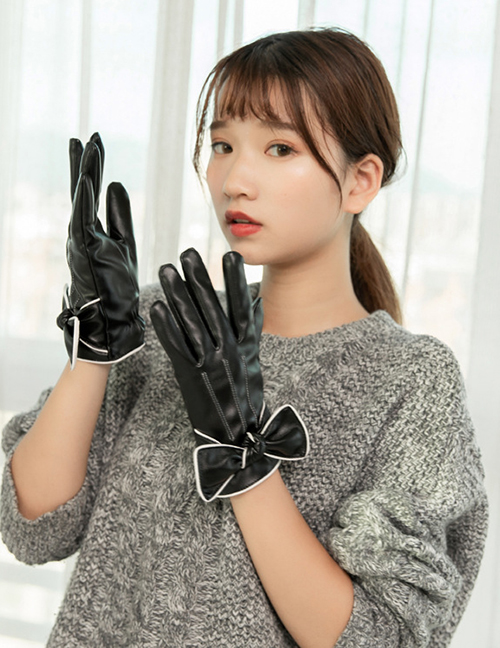Fashion Black Bowknot Decorated Pure Color Warm Gloves