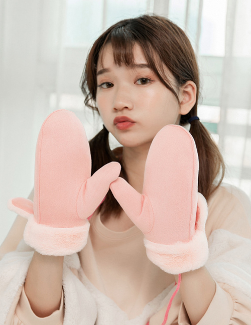 Fashion Pink Cartoon Ears Shape Decorated Warm Gloves