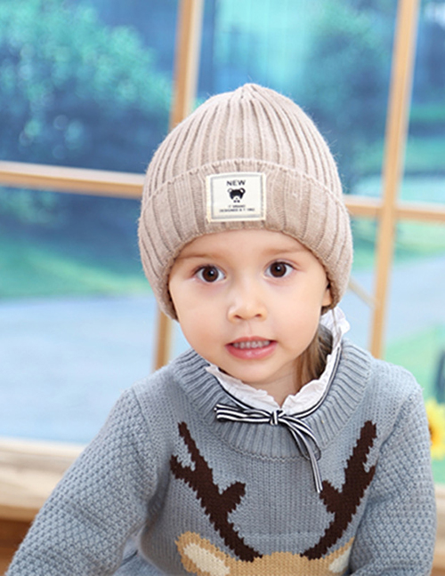 Fashion Beige Label Decorated Pure Color Child Knitted Hat