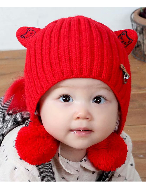 Fashion Red Fuzzy Balls Decorated Pure Color Baby Hat