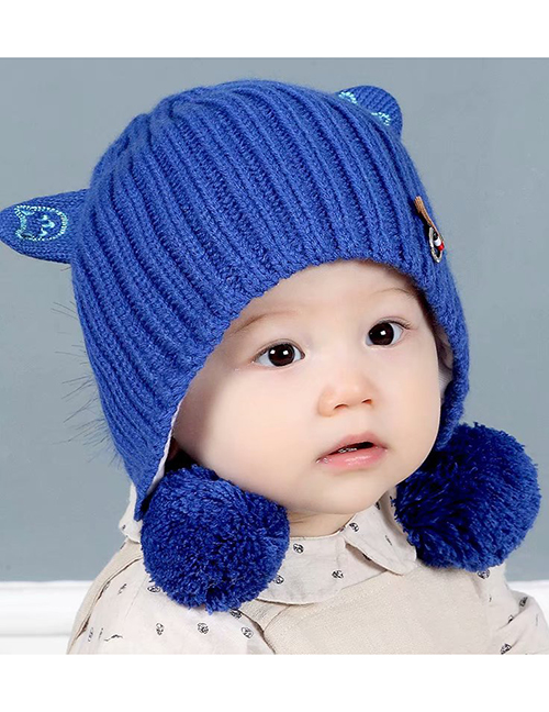 Fashion Blue Fuzzy Balls Decorated Pure Color Baby Hat