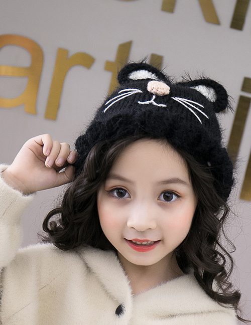 Fashion Black Cat Shape Design Pure Color Child Knitted Hat