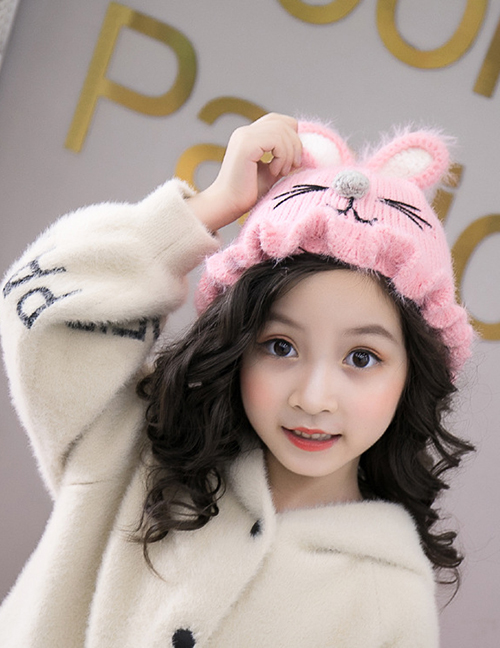 Fashion Pink Cat Shape Design Pure Color Child Knitted Hat