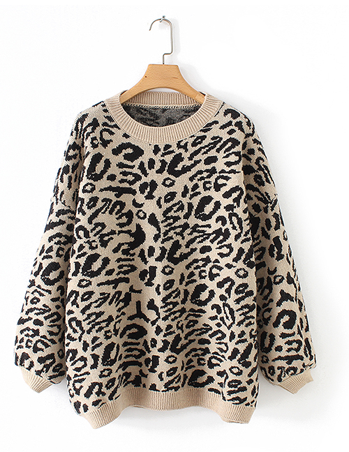Fashion Black Leopard Pattern Design Round Neckline Sweater