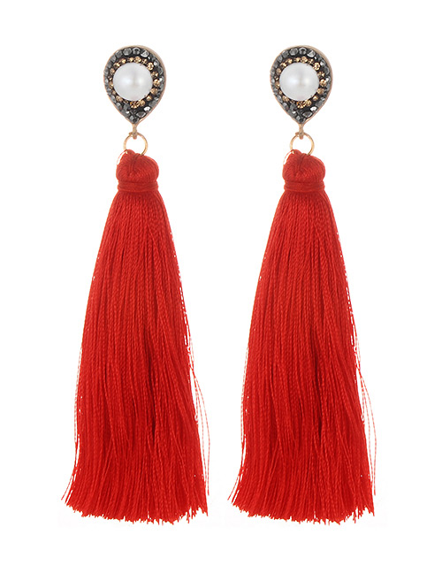 Fashion Red Pearl Decorated Long Tassel Earrings