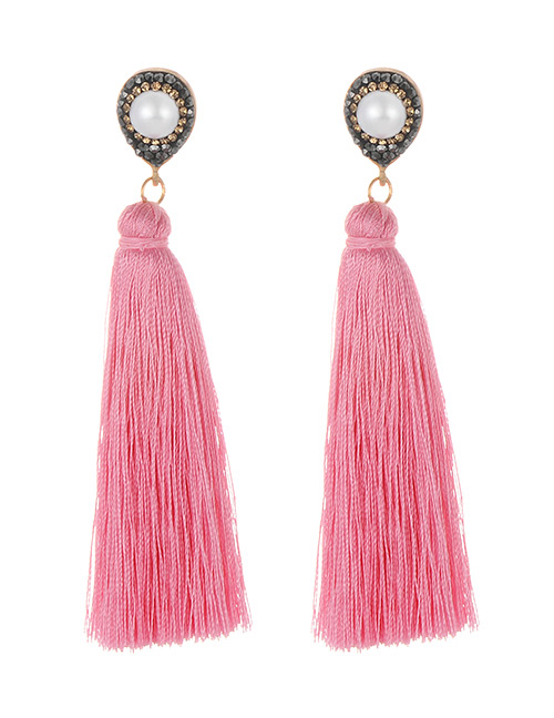 Fashion Pink Pearl Decorated Long Tassel Earrings