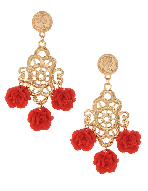Fashion Red Flowers Decorated Hollow Out Earrings