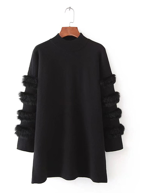Sweet Black Pure Color Design Round Neckline Sweater