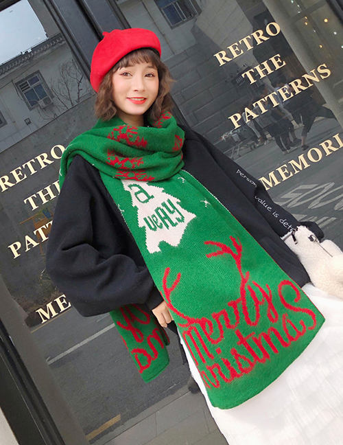 Fashion Dark Green Snowflakes&antlers Pattern Decorated Scarf