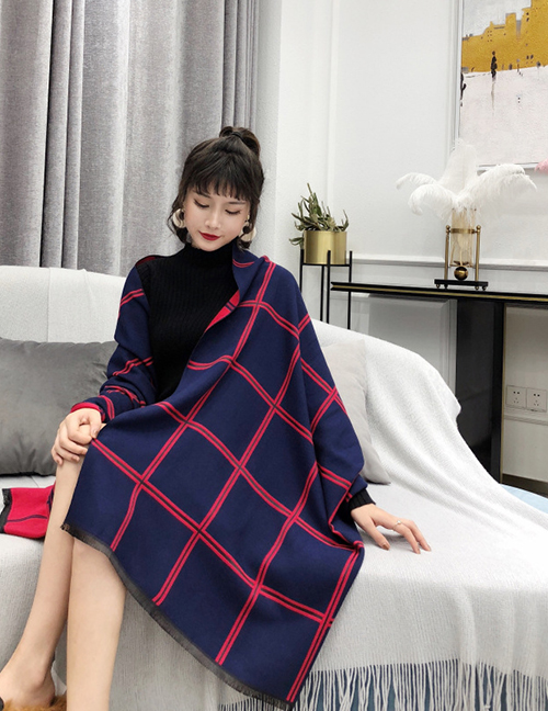 Fashion Navy+red Grid Pattern Design Square Shape Scarf