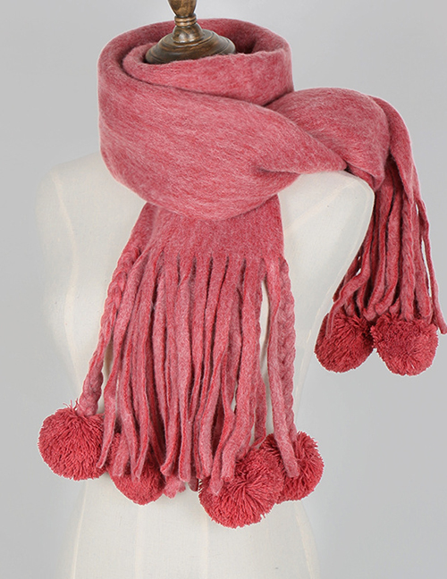 Fashion Dark Pink Tassel&fuzzy Balls Design Thicken Scarf