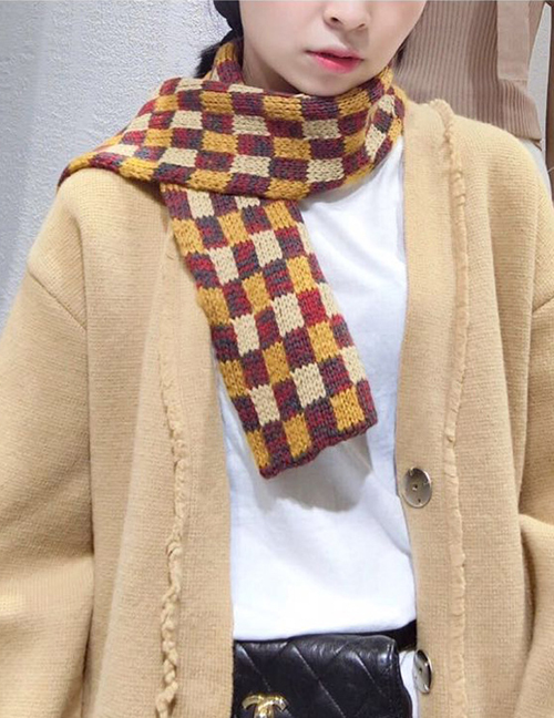 Fashion Yellow Grid Pattern Decorated Knitted Scarf