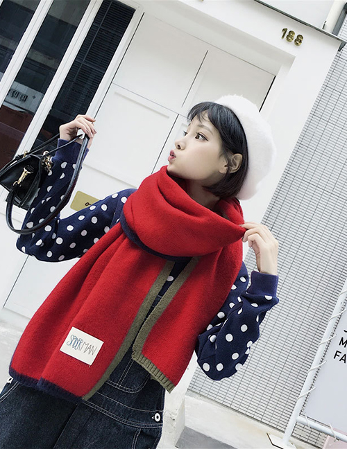 Fashion Claret Red Label Decorated Knitted Thicken Scarf