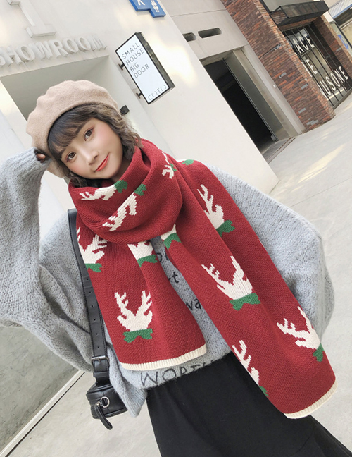 Fashion Claret Red Antlers Pattern Decorated Scarf