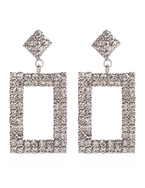 Fashion Silver Color Full Diamond Design Square Shape Earrings