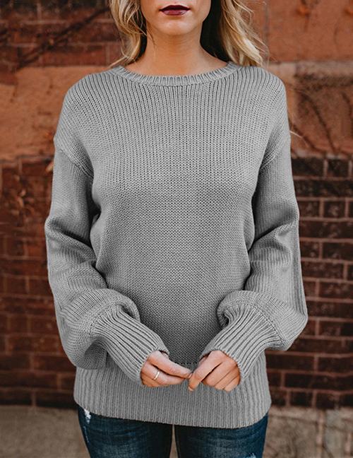 Elegant Gray Round Neckline Design Pure Color Sweater