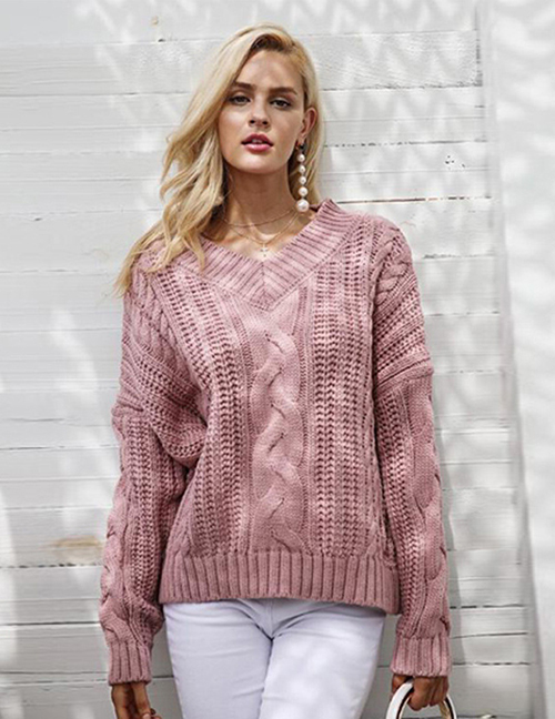 Elegant Pink Pure Color Design V Neckline Sweater