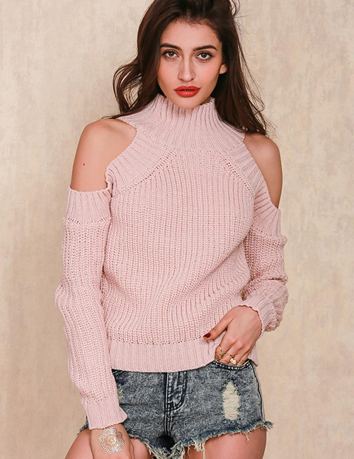 Elegant Pink High Neckline Design Long Sleeves Sweater