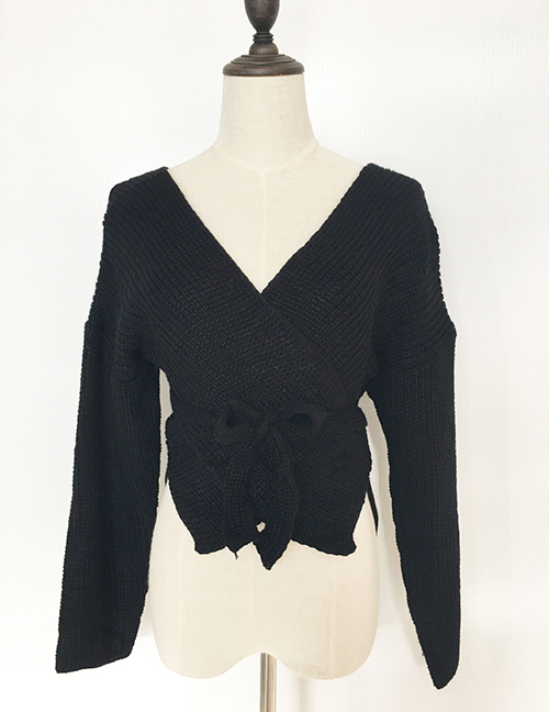 Elegant Black V Neckline Design Pure Color Sweater