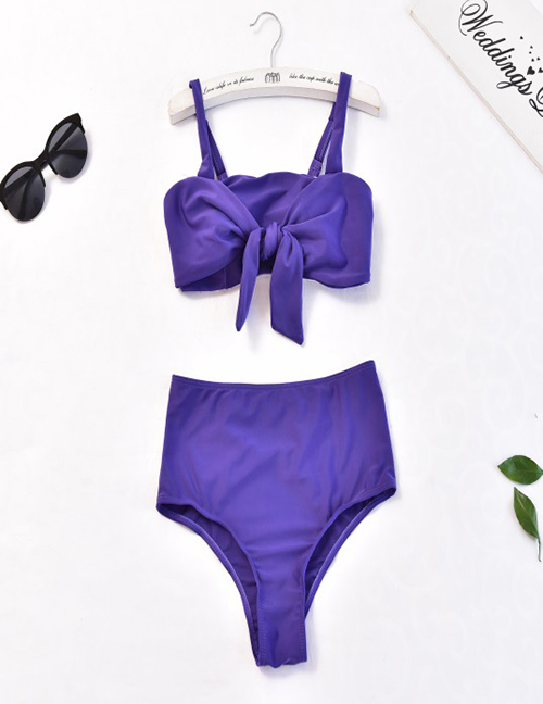 Sexy Purple Bowknot Decorated Pure Color Swimwear