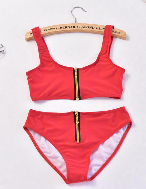 Sexy Red Zipper Decorated Pure Color Swimwear