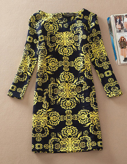 Fashion Black+yellow Flower Pattern Decorated Long Sleeves Dress