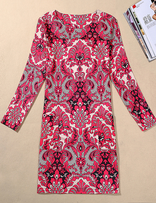 Fashion Red Flower Pattern Decorated Long Sleeves Dress